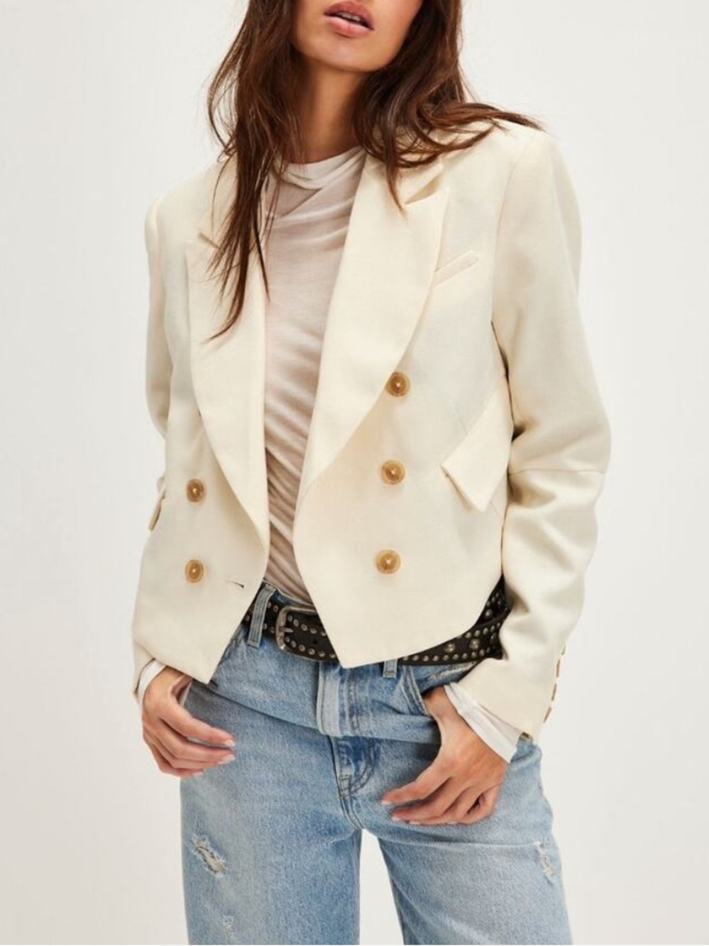 Free People Cream Linen Double-Breasted Cropped Blazer